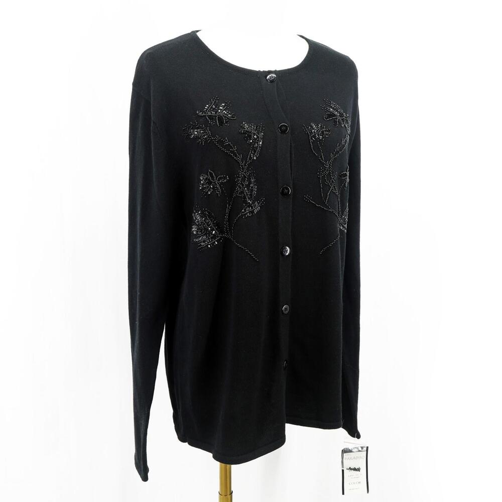 VTG Paradiso Women’s Black Beaded Floral Button-Up Cardigan Sweater NWT Size M